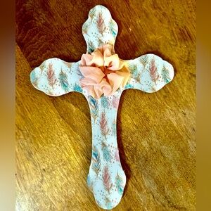 Handmade Cross with Feather and Peach silk flower